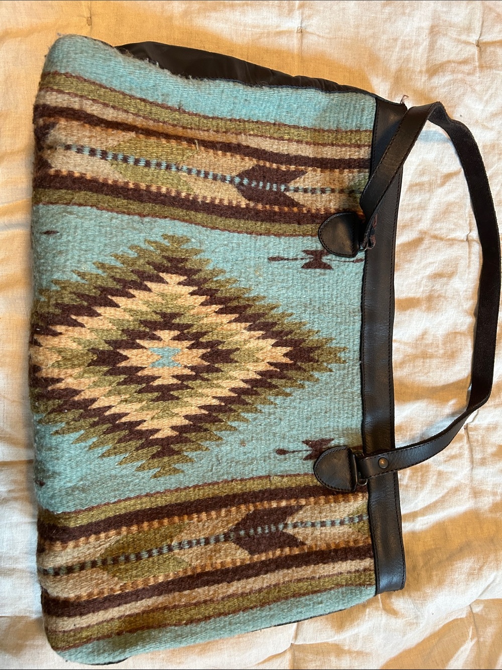 Woven Aztec Pattern Shoulder Tote in Aqua and Brown